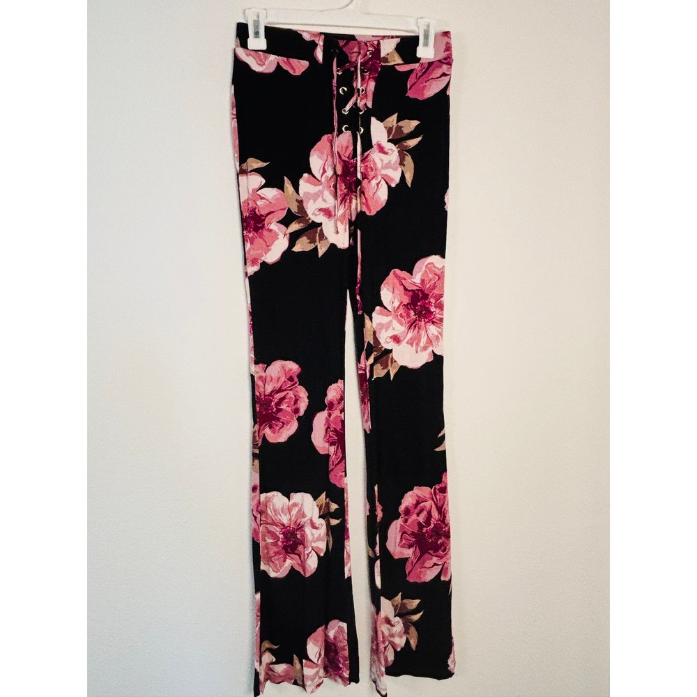 Charlotte Russe Floral Lace Up Flare Pants Pink Black Rose Print Bell Bottom S